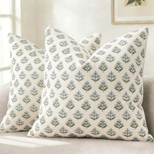 YCOLL Funda de Cojín Diseño Moderno Botánico Vintage 40x40 Set de 2 Fundas de Cojín Flores Cojín de Sofá Cojines Decorativos para Sofá Sillón Silla Cama Decoración del Hogar y Salón Verde Azulado