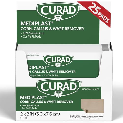 Curad - CUR01496 Mediplast (25 Pads) Corn, Callus, & Wart Remover, 40% Salicylic Acid Pads for topical removal of corns, callus, or plantar warts
