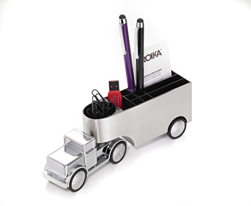 Troika Stifteköcher und Büroklammernhalter/Briefbeschwerer, LKW, Rückziehmotor, bewegliche Achse, Magnet für Büroklammern, Metallguss, verchromt, glänzend, silber