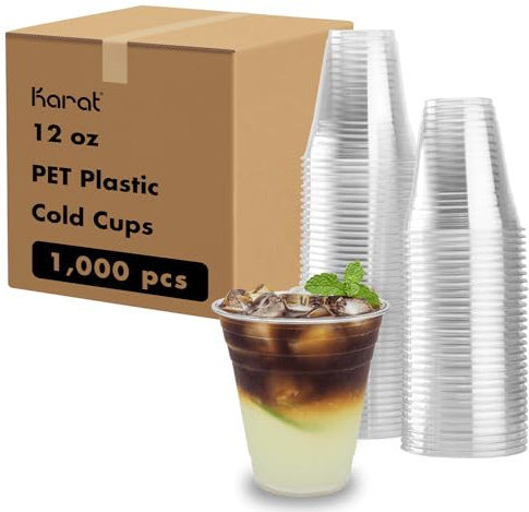 Karat [1,000 ct] 12oz Plastic Cups, Clear Disposable Cold Cups for Iced Coffee, Smoothies, Cocktail, and Water, 98mm