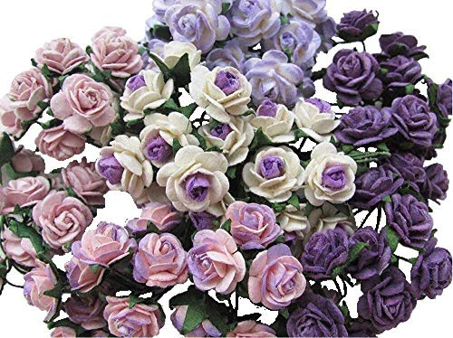 RATREE 888 100 pcs Mini Rose Mixed Purple Color Mulberry Paper Flowers 18 mm Scrapbooking Wedding DIY Craft Supplies Card Artificial Roses, Artificial Flowers. (Mixed Purple)