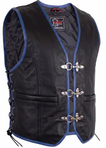 Veste gilet en cuir Biker avec bordure bleue (M)