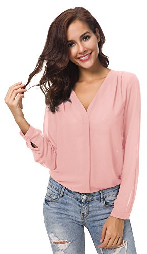 Urban GoCo Donne Camicette Manica Lunga Pieghe Chiffon con Scollo V Colore Puro Camicia Blusa (XL, Rosa)