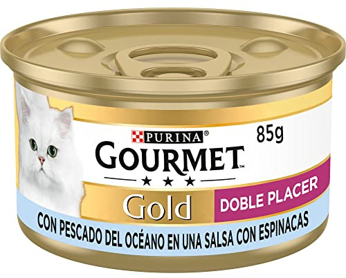 GOURMET Gold Doble Placer, Comida Húmeda para Gato Adulto, Trocitos de Pescado del Océano en salsa con Espinacas, Pack de 24 Latas de 85 g