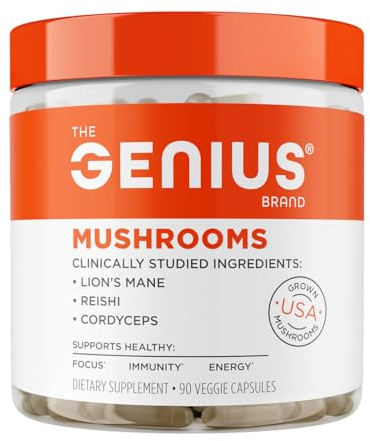 The Genius Brand Genius Mushrooms - Plant-Based Supplement for Immune, Focus & Energy Support - Lion's Mane, Cordyceps & Reishi - Organic & Non-GMO - 90 Veggie Capsules