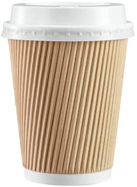 We Can Source It Ltd 100 x 8oz Ripple Brown Kraft Paper Cups - 3-PLY Disposable Insulated Coffee Cups with Secure White SIP Through Lids - Leak-Proof Durable Paper Cup for Tea, Coffee & Hot Beverages