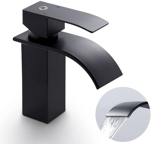 CECIPA Wasserhahn Bad Schwarz, Wasserfall Wasserhahn Schwarz Waschtischarmatur Wasserfall Waschbecken Armatur Schwarz Mischbatterie Waschbecken mit Auslauf Höhe 84 mm