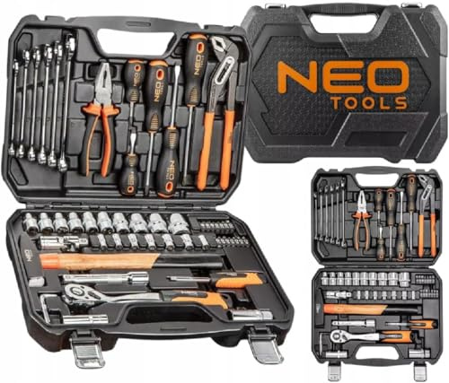 Profi 56-tlg Werkzeugkoffer, Neo Haushalts-Werkzeugkoffer, 2-tlg aufklappbar, robuste Kunststoffkoffer, Handwerkzeugen bestückt, Großes Schraubendrehersortiment, Steckschlüssel und Bitsortiment