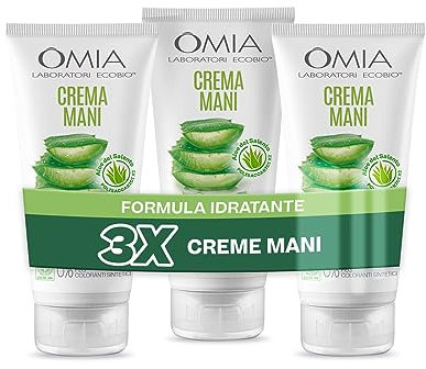 Omia Crema Mani Eco Bio con Aloe Vera del Salento, Crema Mani Idratante e Riparatrice per un Trattamento Intensivo, Assorbimento Rapido, Non Unge, Confezione da 3 Pezzi, Flaconi da 75 ml