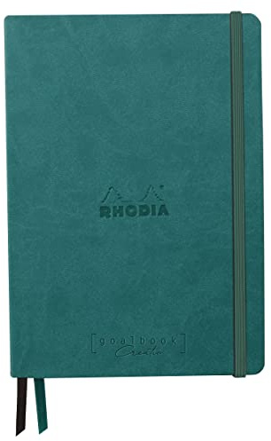 RHODIA 194447C - Rigid Notebook Goalbook Creation Peacock - A5 - 14.8x21cm - Dotted - 160 pages Maya Black 120g/m² paper - 2 Ribbons - Imitation Leather Cover