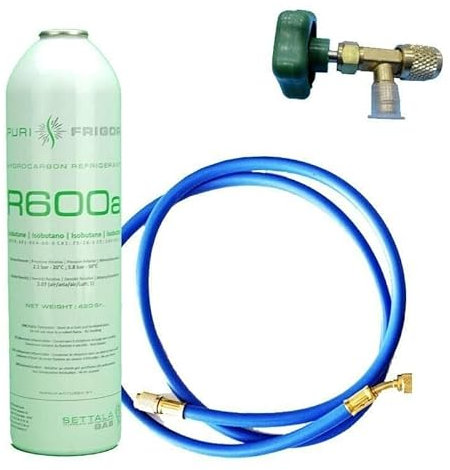 REPORSHOP - Kit Recarga Refrigerante - 1 Botella de 420 g Gas Refrigerante R600a - Válvula Servicio - Manguera de Carga - Compatible con Frigoríficos, Armarios Fríos, Botelleros, Freezer