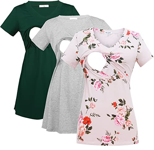 Bearsland Womens 3 Packs V Neck Nursing Tops Maternity Breastfeeding Tee Shirts,dpgreen+LtGray+newpinkf,L