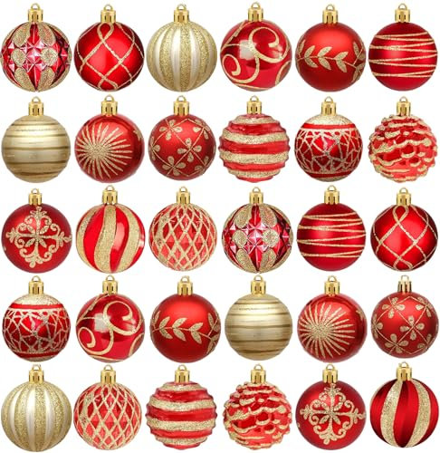 Weihnachtskugeln Weihnachtsbaumschmuck-Set,30Stück Kunststoff Weihnachtsbaumkugeln mit Aufhänger Weihnachtsbaum Deko Christbaumkugeln Dekorationen für Weihnachten (Gold Rot)