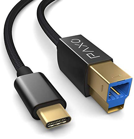 PAXO 5m USB C Druckerkabel, USB 3.2 Gen2 mit 10 Gbit/s (1,25 GByte/s) Übertragungsrate, USB C Stecker auf USB B, Ladekabel, Datenkabel, schwarz
