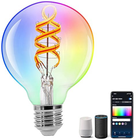 Aigostar Alexa Glühbirne E27,Alexa Lampe RGBW 4.9W 420LM, Smart Bulb G80 2700K, Smart Glühbirne Groß Kompatibel mit Alexa und Google Home, Wlan Glühbirne Warmes Licht, 1 Stück
