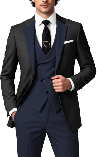 Wangyue Mens 3 Piece Suit Formal Suits Slim Fit Blazer Vest Suit Trousers Pants Wedding Prom Suits Set, Navy Blue1, S