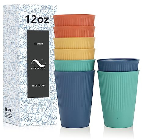 PYRMONT Wheat Straw Cups-8 Pack Plastic Cups Reusable,12 oz Unbreakable Kid Cups,Tumbler for Kitchen,Drinking Cup, Small Water Tumbler,Plastic Cup Dishwasher Safe & BPA Free
