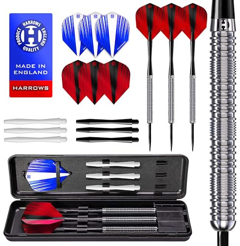 Harrows Caliber 90% Tungsten Steel Tip Darts Set I 21g bis 30g Alle Gewichte verfügbar I Riesiges 16-teiliges Bundle mit Ersatzschäften, Prime Flights & Reiseetui (23 Grams)
