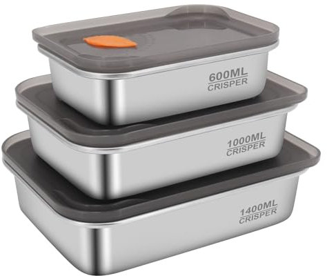 Contenitore per alimenti in acciaio inox con coperchio, a prova di perdite, per ristorante, cucina, congelatore a buffet (600 ml+1100 ml+1400 ml)