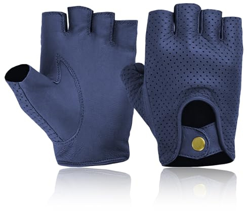 COLOURLINX Gants en cuir sans doigts pour homme - Gants à demi-doigts pour conduite, cyclisme, vélo, gym, fauteuil roulant, moto - Gants d'été de motard en cuir d'agneau véritable souple (bleu marine
