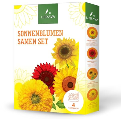 LERAVA® - Graines de Tournesol - 4 Variétés [Bio, Fabriqué en Italie] - Grand Tournesol Géant Jaune, Rouge Géant, Ornemental Nain, Teddy Sungold - Jardinage et Plantation - graine de tournesol