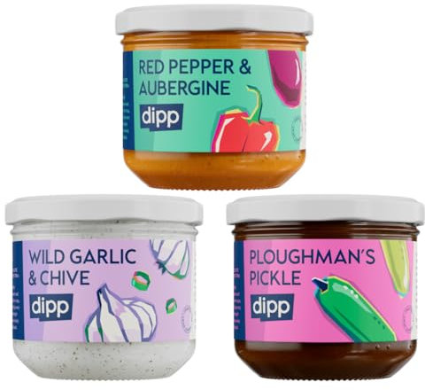 Dipp Flavour Explorers Variety Pack of Dips, Case of 3 x 230ml Jars | Wild Garlic & Chive, Red Pepper & Aubergine and Ploughman's Pickle | Plant Based | Gluten Free | Flavours to Pair with Crisps