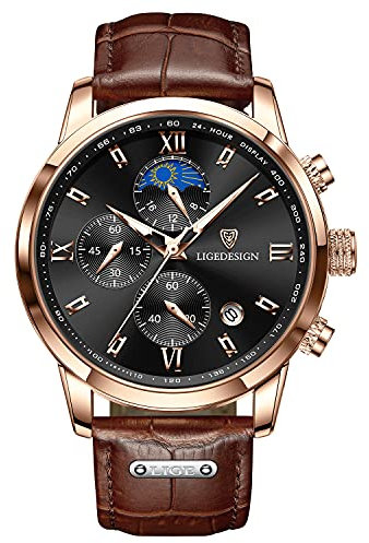 LIGE Herren-Armbanduhr, analog, Quarz, Leder, wasserdicht, Edelstahl, Business, Freizeit, Datum, Chronograph, Armbanduhr für Herren, Braune Rose, Sportlich