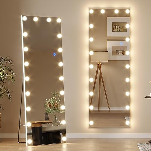 LVSOMT Ganzkörperspiegel mit Hollywood LED, 155x50cm Standspiegel Ganzkörperspiegel mit Beleuchtung, Spiegel Stehend mit 20 Glühbirnen, Wandspiegel Groß, 3 Lichtfarbe Einstellbar Dimmbar, Weiß