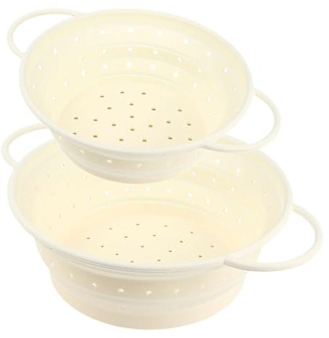 Surwin Passoire Pliable 2 Pièces, Silicone Passoire Cuisine Compacte Passoire Cuisine Pliable Passoire Retractable Passoire Pates Cuisine Portable Panier de Fruits (Beige)