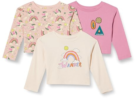 Amazon Essentials Fille T-shirts à manches longues, Lot de 3, Badges/Déambuler/Licorne, 4 ans