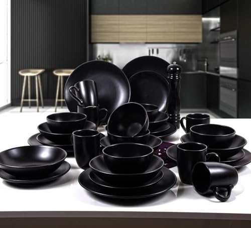 30-Piece Black Ceramic Dinner Set | 100% Antibacterial, Easy-Clean, Thermal Shock Resistant | Includes Bowls, Plates, Mugs & Cake Salvers | Dishwasher & Microwave Safe