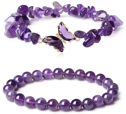 MUU 2 PCS Heilung Kristall Stein Armbänder, Amethyst Perlenarmband Heilsteine Chip Armband Muster für Frauen, Energie Heilung Perlen Stretch Kristall Perlen