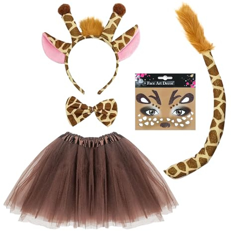 SAIIURV 5 Pieces Giraffe Headband Costume Halloween Deer Ears Headband Bowtie Tail Deer Face Tattoo Stickers Girls Princess Tutu Skirt, Animal Costume Party Fancy Dress Up for Kids Girls (Deer)