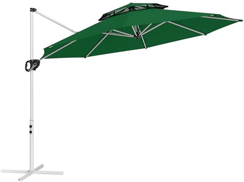 Outsunny Sombrilla de Jardín Ø292 cm Parasol Excéntrico con Manivela Giratorio 360° Inclinación Ajustable Doble Techo y Base Cruzada Sombrilla para Terraza Exterior Patio Verde Oscuro