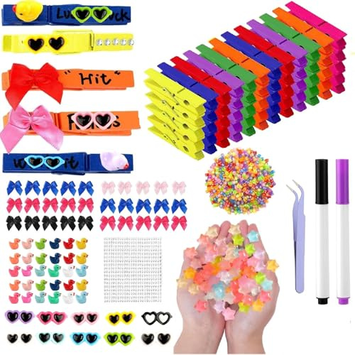 60 klädnypor set, 60 tyfus kläder trä stift 30 mini ankor harts 30 mini bågar 30 stjärnor och självhäftande klistermärken, väska penna limtejp (färgglad)