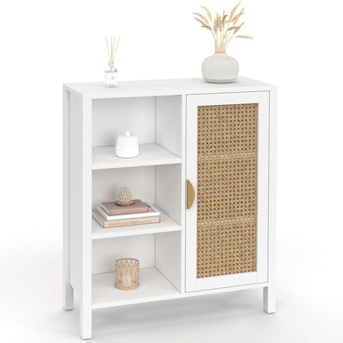 IDMarket - Buffet d'appoint 3 étagères et Placard 70 cm EDHEN Blanc avec cannage