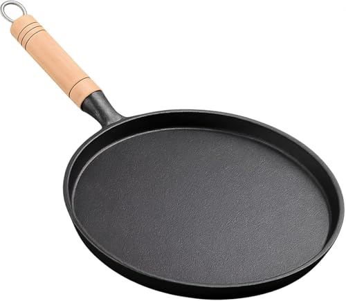 Bcuuozeeing Sartén de hierro fundido, sartén con mango de madera, sartén redonda de hierro fundido, olla pequeña para carne de hierro fundido para estufa y parrilla, para barbacoa de gas, camping