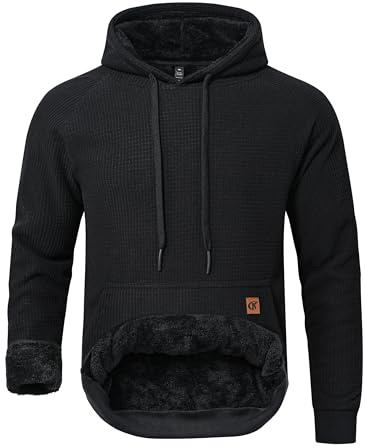 YuKaiChen Herren Fleece Hoodie Dicker Pullover Sherpa Gefüttert Waffel Außenstoff Winter Warmer Sweatshirt mit Känguru Tasche Schwarz Groß