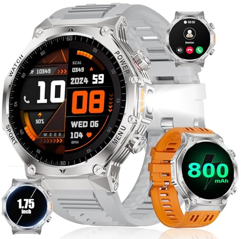 LIGE Smartwatch Uomo,1.75'' HD Orologio Smart Watch con Torcia LED/800mAh/Chiamata Bluetooth,114 modalità Sportive Cardiofrequenzimetro SpO2 e Sonno per Android iOS,EF15-F