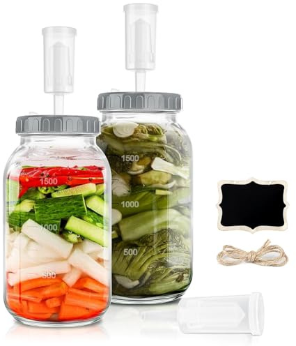 Umllpet 2 stycken fermenteringsset, 2 l fermenteringsglas, fermenteringsglas med luftlås, jäsbehållare av glas, Kimchi-behållare för surkål, syltdegstarter, kefir