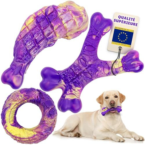 YES4QUALITY Giocattoli da masticare per cani aggressivi - Set da 3 pezzi - Masticabili in nylon indistruttibile per cani di taglia medio-grande - Giocattoli masticabili resistenti al gusto di manzo