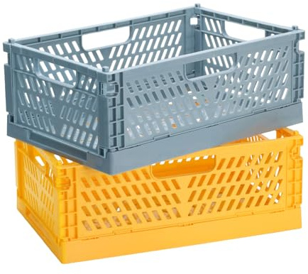 2 Pcs Cestas Almacenaje Plegable, Caja Plegable Plastico, Cajas Apilables, Caja de Plástico Plegable para oficina cocina escritorio organizador de almacenamiento(30,5 x 20 x 11,5 cm, amarillo/azul)