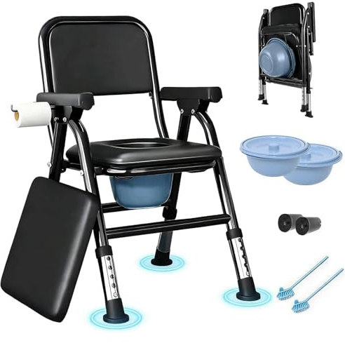 UOJYAIP Commode Toilet Chairs for Seniors, Height Adjust Folding Bedside Commode Toilet Chair with Padded Seat Plate and Toilet Bucket, Load Capacity 331lbs