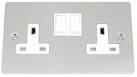 Socket 2 Gang - Satin Matt Chrome - Flat - White Insert Plastic Switch - 13A Double Wall Plug Socket