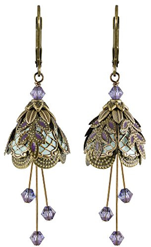 NoMonet Italian Courtesan Art Deco Drop Earrings, Hand Painted Vintage Brass Filigree, Crystals, Nature-Inspired Fantasy, Classic Dangle, Made in USA