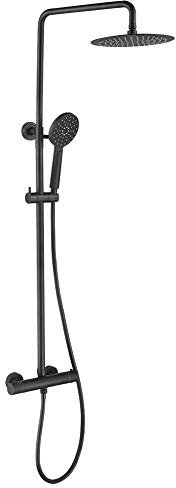 Ibergrif M21808B - Sistema de Columna de Ducha Termostática Redonda con Rociador, Alcachofa, Manguera, Barra Ajustable y Soporte, Negro