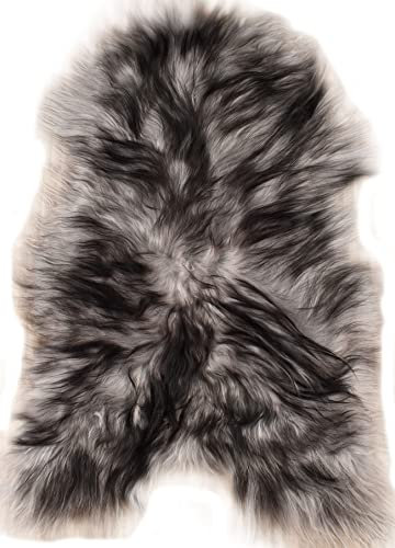 LAMMFELL GRAU SCHWARZ LANGWOLLIG ca. 110 x 60 cm ECHTES ÖKO Island SCHAFFELL GRAU GEFÄRBT XL