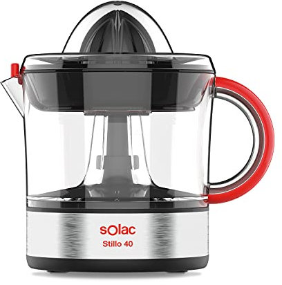 Solac EX6153 Stillo 40 - Exprimidor eléctrico para zumos, 40W de potencia, giro ambos sentidos, 2 conos desmontables, tapa protectora, 700 ml de capacidad, filtro regulador de pulpa ajustable