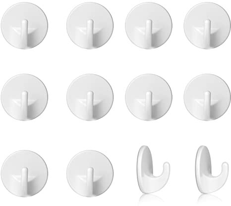 funvce 12 Pcs Plastic Hooks Self Adhesive, White Sticky Hook Removable, Stick on Wall Hooks for Hanging Coat Cloth Towel Key, Multi-Purpose for Bathroom,Kitchen,Office,Closet,Glass