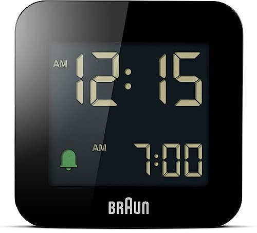 Braun Digital reseväckarklocka med Snooze, kompakt storlek, negativ LCD-skärm, snabb justering, Crescendo Beep-larm i svart, modell BC08B (2 st)
